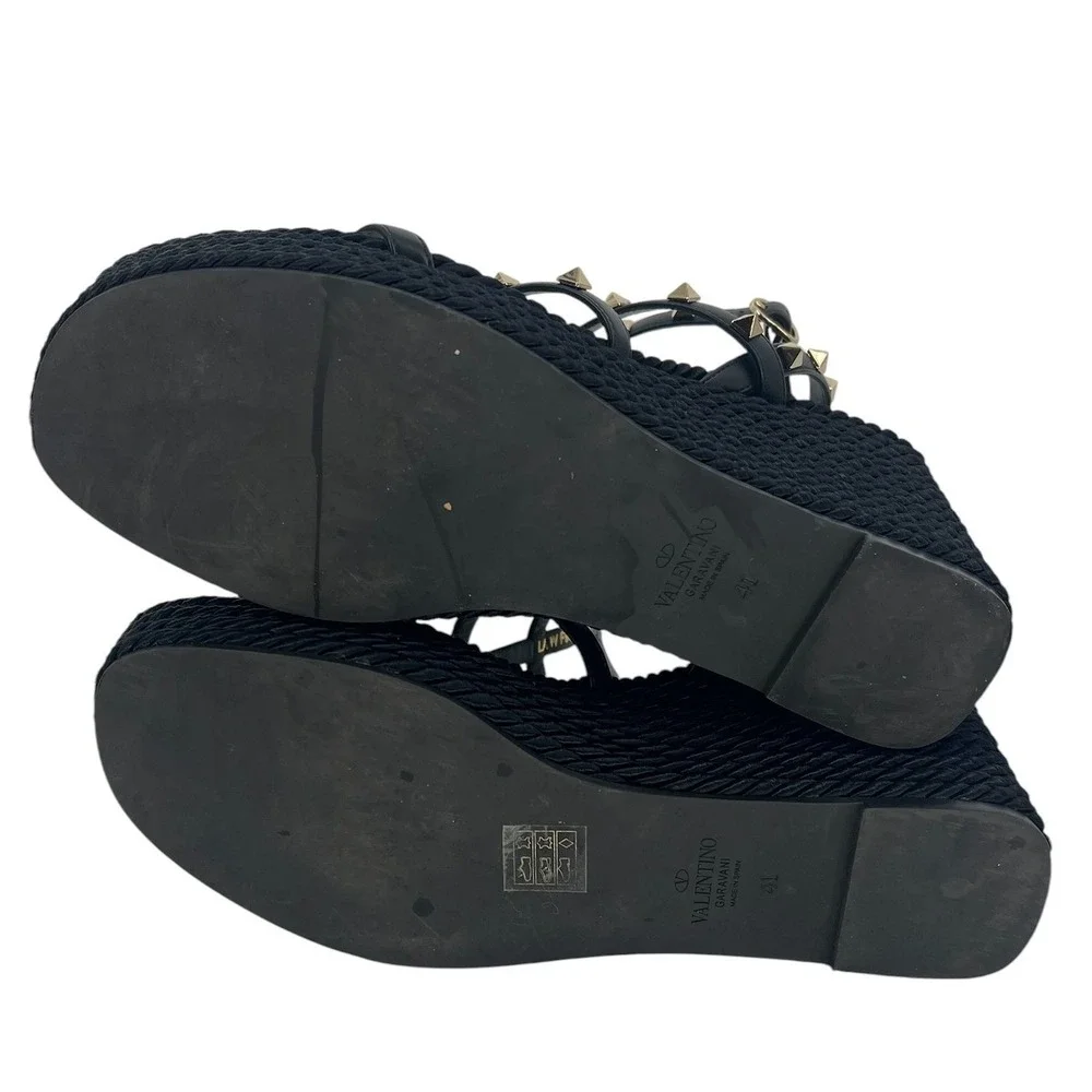 Valentino Garavani Rockstud Calfskin Wedge Sandals Black Size 41